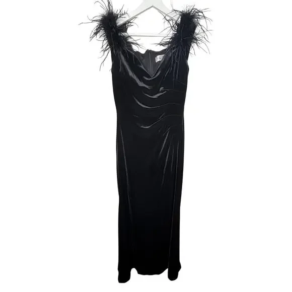 Eliza J. Velvet Feather Trim Cowl Neck Ruched Side Maxi Dress Black Women Size 6 - Picture 2 of 11